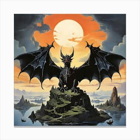 A Dragon With Large Bat Like Wings Flying Over A Floating Islands Canvas Print