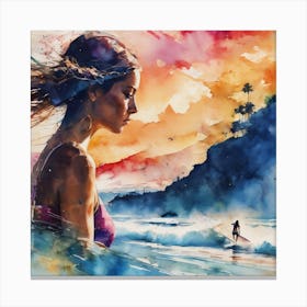 Watercolor Of A Woman On The Beach Canvas Print