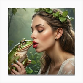 Beautiful Woman Kissing Frog Canvas Print