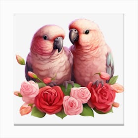 Couple Of Parrots With Roses Canvas Print
