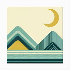 "Calm Crescendo: The Geometry of Dusk"  In this tranquil scene, a golden crescent moon serenely ascends above layered mountains, each adorned with its own pattern, telling a story in lines and shades. The cool tones of blue and green, accented with a hint of warm yellow, evoke a sense of calm as evening unfolds. Stripes and chevrons create a rhythmic tranquility, mirroring the quiet progression from daylight to twilight. This is a moment captured in soft hues and gentle geometry, a visual lullaby as the day makes its graceful exit. Canvas Print