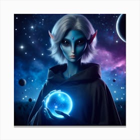Alien Girl Holding A Blue Ball Canvas Print