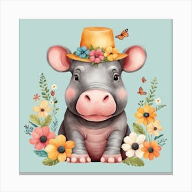 Floral Baby Hippo Nursery Illustration (5) Canvas Print