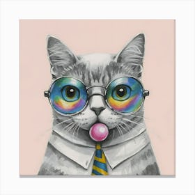 Cat With Big Bubblegum And Glasses Animal Art Print Canvas Print