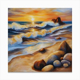 The sea. Beach waves. Beach sand and rocks. Sunset over the sea. Oil on canvas artwork.36 Canvas Print