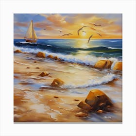 Oil painting design on canvas. Sandy beach rocks. Waves. Sailboat. Seagulls. The sun before sunset.15 Canvas Print