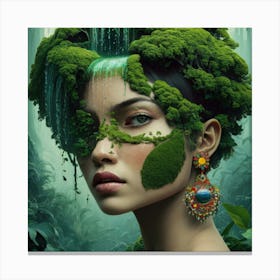 A captivating and surreal illustration of a woman's face harmoniously merged with a lush, serene forest. The dense foliage forms a canopy, gently cascading over her head like a green waterfall. The woman's features, including her lips, nose, and part of her eyes, are vividly depicted, while the rest of her face is enveloped by the forest, leaving an air of mystery. Her ear is adorned with a striking, colorful earring that contrasts with the natural setting. The atmosphere of this artistic masterpiece is tranquil and mystical, evoking a profound connection between nature and humanity. The vibrant colors, wildlife, and hints of fashion in the illustration make it a truly cinematic and visually stunning piece., cinematic, vibrant, fashion, photo, wildlife photography, illustration Canvas Print
