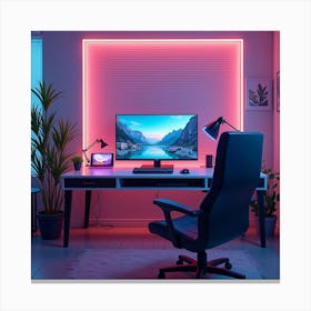 Vr Gaming Setup In A Sleek Room, Watercolor Of Dynamic Neon Tones Canvas Print