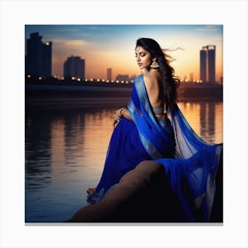 Beautiful Indian Woman In Blue Sari Canvas Print