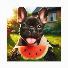 French Bulldog Eating Watermelon Canvas Print