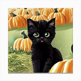 Adorable Black Kitten In Pumpkin Patch Canvas Print