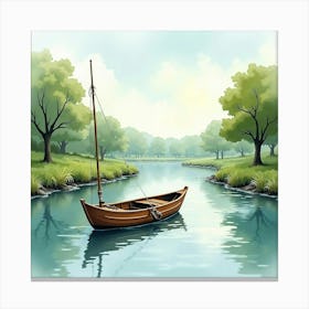 Quaint Fishing Boat On Watercolor Tranquil River 1 Canvas Print