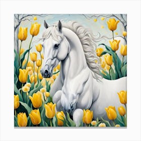 White Horse In Yellow Tulips Canvas Print