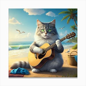 A Fluffy Gray Cat Playing A Guitar On A Sandy Beach With Ocean Waves, Seagulls, And Palm Trees In The Background Canvas Print