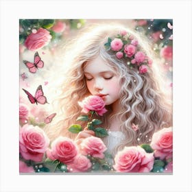 Little Girl With Pink Roses Canvas Print