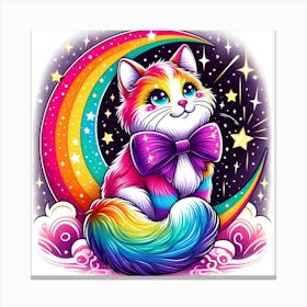 Rainbow Cat On The Moon With Stars Canvas Print