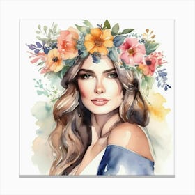 Watercolor Portrait Of A Woman With Flowers Canvas Print