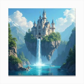 A Grand Castle Floating Above A Sparkling Lake With Cascading Waterfalls 1 Canvas Print