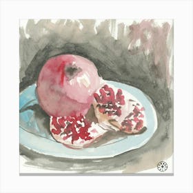 Grape Fruit On A Plate - still life watercolor hand painted square light red grey beige Canvas Print