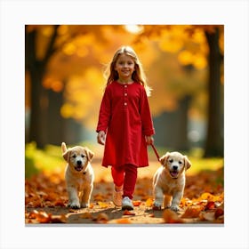 Little Girl With Dogs In Autumn 1 Canvas Print