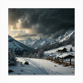 Illustration Of Winter Snowfall In A Mountainous Landscape Canvas Print