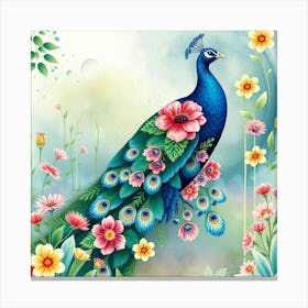 A Peacock With Floral Patterns On Its Feathers, In A Dreamy Watercolor Garden Scene Canvas Print