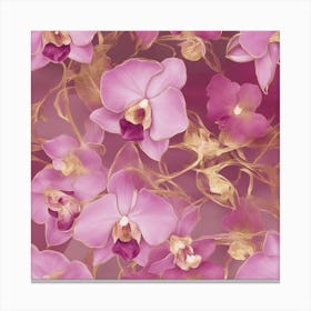 Seamless Pattern Of Elegant Orchid Floral Motifs In Pink, Adorned With Gold Lines Canvas Print
