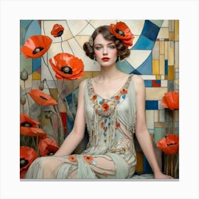 Delicate, fairytale-inspired portrait, intricate details of the Great Gatsby era, a lady in a cascading gown adorned with cascading poppies, vibrant colors, enchanting eyes Canvas Print