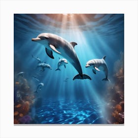 Dolphins Diving Through Illusionary Waves And Patterns Creating An Enchanting And Mystical Underwater Experience Canvas Print