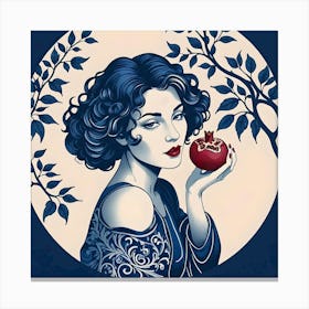Woman With Pomegranate, Blue, Maroon and Light Beige Canvas Print