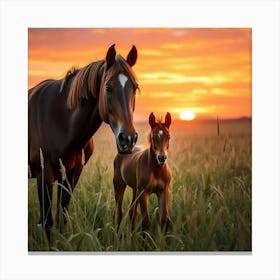 Horse And Foal At Sunset 12 Canvas Print