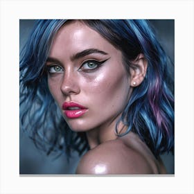 Close Up Portrait Of A Young Woman With Blue Hair Ai Canvas Print