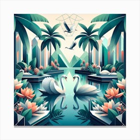 Geometric Art Tropical lake and swans 1 Canvas Print