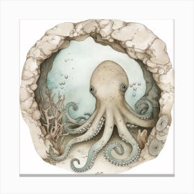 Storybook Style Octopus In A Cave 3 Canvas Print