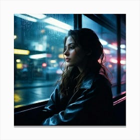 Evening Street Photography Capturing A Beautiful Woman In A Moody Pensive Pose Inside A Wet Bus She Canvas Print