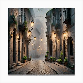 Street In The Fog Silent Night in Old Europe: Atmospheric Street Scene with Cobblestones Canvas Print