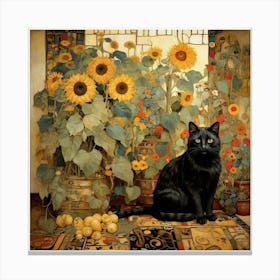 Black Cat With Sunflowers art Canvas Print