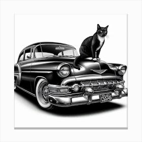 Retro Cat: A Simple and Elegant Black and White Photograph of a Cat on a Classic Car Canvas Print
