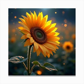 A Dreamy Sunflower With Petals Of Cascading, Neon Light Blooming In A Surreal Meadow 1 Canvas Print