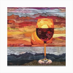 Fabric Art Of A Glass Of Red Wine With A Sunset Canvas Print