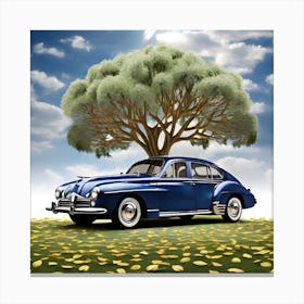 Blue Car Under A Tree Canvas Print