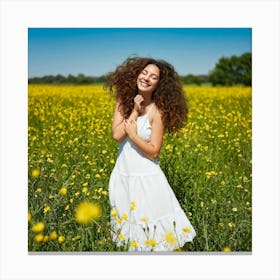 A Cheerful Young Woman Her Hair Reflecting The Suns Summer Light Basks In Natures Beauty While L 2 1 Canvas Print