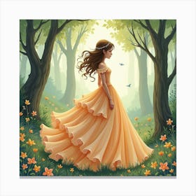 Charming Woman In Watercolor Gown, Whimsical Forest Scene 1 Canvas Print