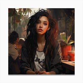 Girl With Long Hair In Boho Plant Cafe Canvas Print