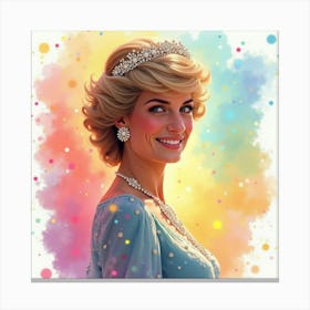 Elegant Princess Diana In A Glowing Rainbow Watercolor Background, Smiling Canvas Print