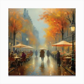 Amsterdam cafes, autumn season, rain, autumn oil colours.Faded colours,People passing on the street, winter clothes, rain umbrellas.13 Canvas Print