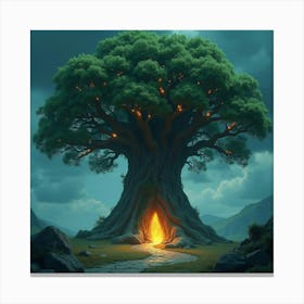 Giant Tree With Glowing Leaves And Ancient Carvings 1 Canvas Print