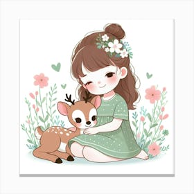 Cute Little Girl With A Deer Canvas Print
