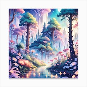 A Fantasy Forest With Twinkling Stars In Pastel Tone Square Composition 19 Canvas Print