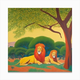 Lions Resting under Acacia Trees Series. Style of David Hockney 2 Canvas Print